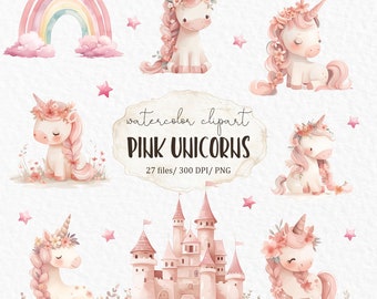 Roze Eenhoorn Aquarel Clipart, Schattige Eenhoorn PNG, Regenboogkasteel met Sterren, Uitnodiging voor Babyshower/Verjaardag van een Meisje #w47