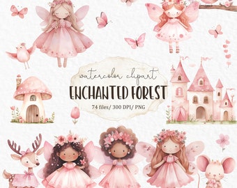 Pink fairy garden watercolor clipart - girl baby shower birthday magic kingdom png clipart for kids enchanted forest fantasy cute girl #w11