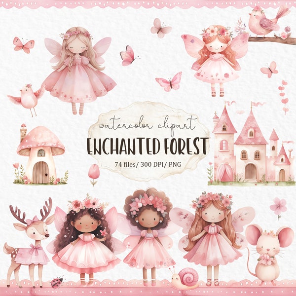 Roze sprookjestuin aquarel clipart - meisje baby shower verjaardag magische koninkrijk png clipart voor kinderen betoverde bos fantasie schattig meisje #w11