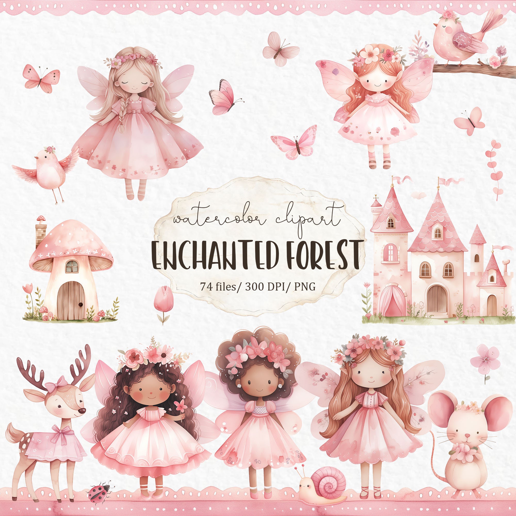 Pink Fairy Garden Watercolor Clipart - Girl Baby Shower Birthday Magic ...