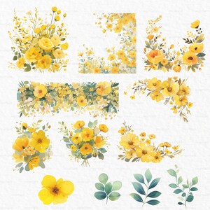 K&ouml;nnte beinhalten: Ein Set mit Aquarell-Illustrationen mit gelben Blumen und gr&uuml;nen Bl&auml;ttern. Die Illustrationen sind perfekt, um Ihren Designs einen Hauch von Natur zu verleihen.