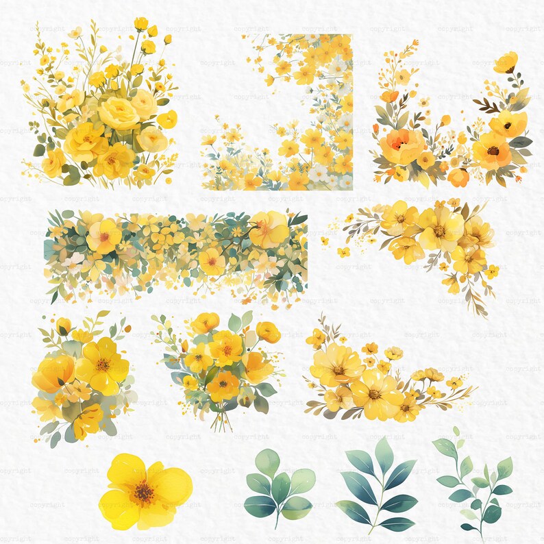 K&ouml;nnte beinhalten: Ein Set mit Aquarell-Illustrationen mit gelben Blumen und gr&uuml;nen Bl&auml;ttern. Die Illustrationen sind perfekt, um Ihren Designs einen Hauch von Natur zu verleihen.