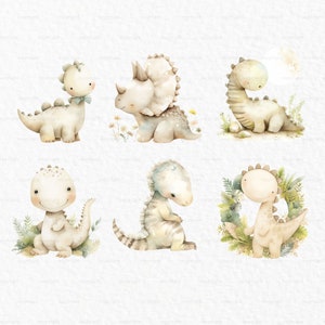 May include: Six watercolor illustrations of cute dinosaurs in various poses. The dinosaurs are all light brown with white accents and are surrounded by green foliage.