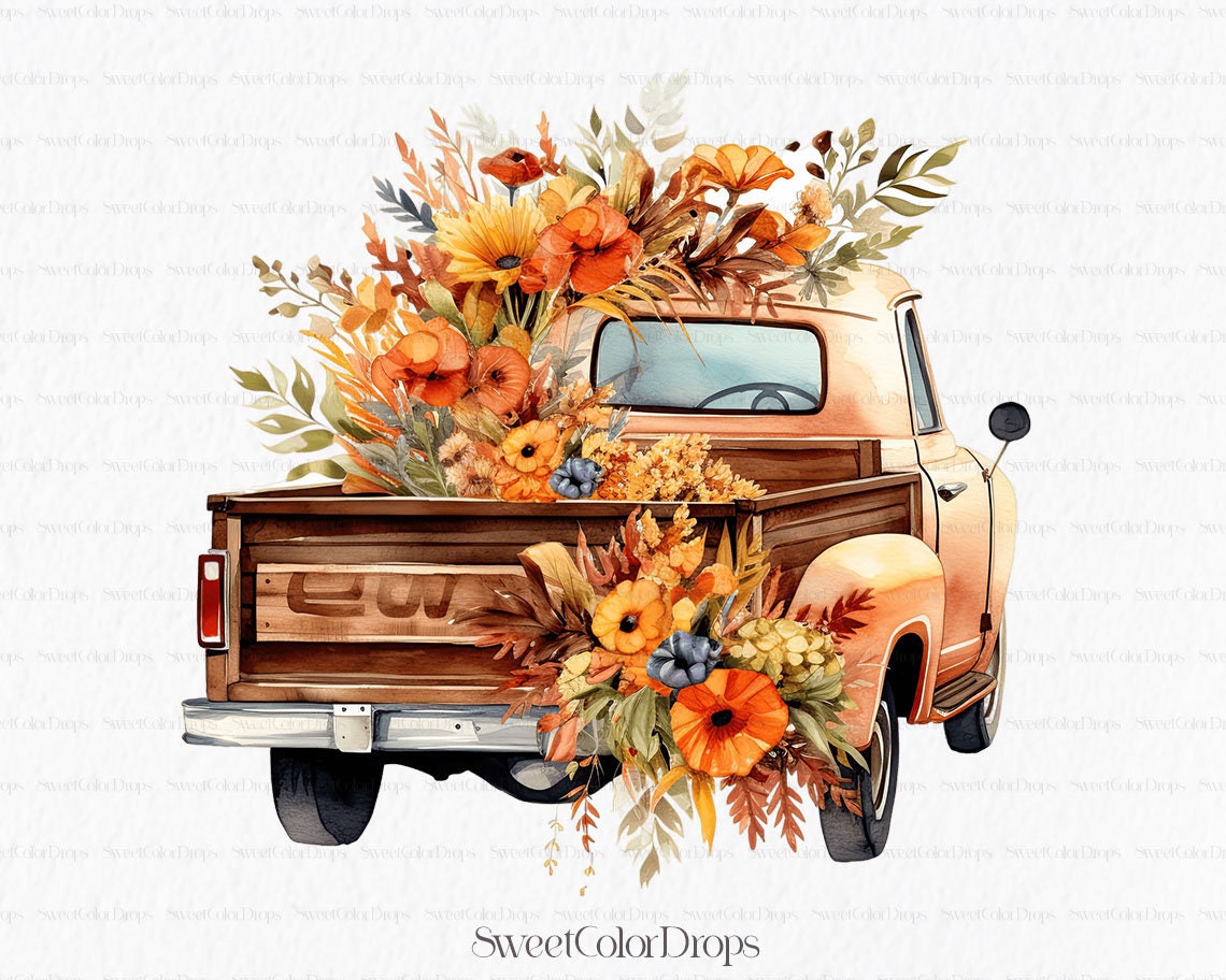 Flower Truck Watercolor Clipart PNG Autumn Sublimation - Etsy