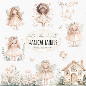 Feengarten Baby Mädchen Clipart - Geburtstag Feen Haus Märchen Fantasie Kinder Clipart Zahnfee rosa Aquarell #w34