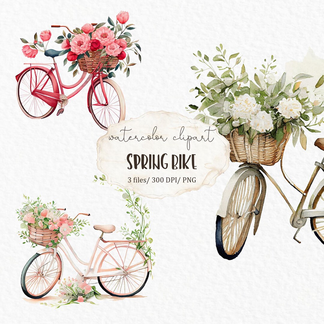 Watercolor Spring Bike With Flowers, Spring Card. Digital Clipart Png ...