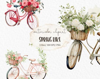 Watercolor spring bike with flowers, spring card. Digital Clipart Png  watercolor clipart PNG - #c8