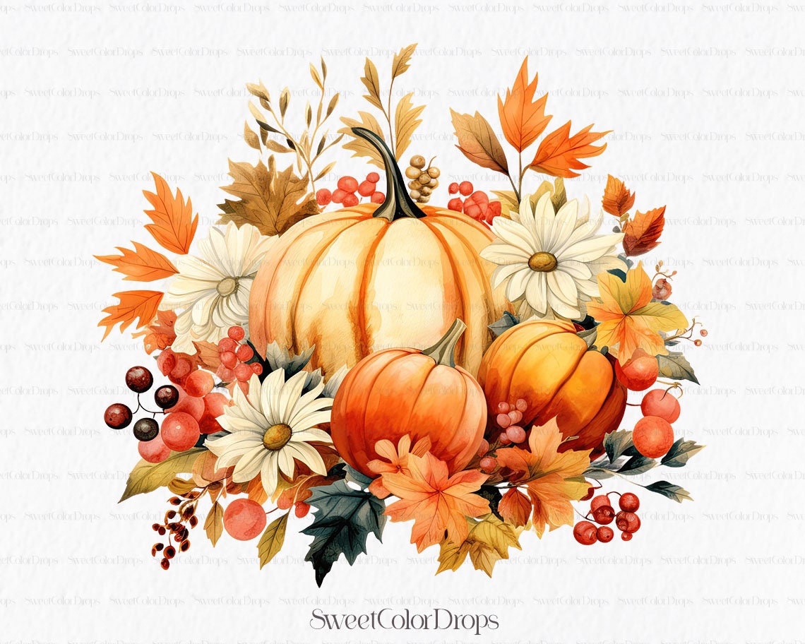 Floral Pumpkin Watercolor Clipart PNG - Autumn Thanksgiving Fall Orange ...