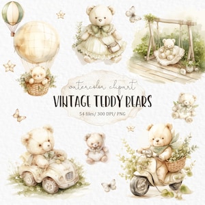 Vintage osos de peluche PNG - bebé niño ducha bebé niña neutral boho vivero acuarela clipart juguetes vintage #w27