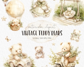 Puede incluir: Un conjunto de ilustraciones de acuarela que presentan osos de peluche vintage en varias poses. Los osos están vestidos con atuendos lindos y están rodeados de elementos caprichosos como globos aerostáticos, mariposas y un columpio. Las ilustraciones son perfectas para agregar un toque de encanto a cualquier proyecto.