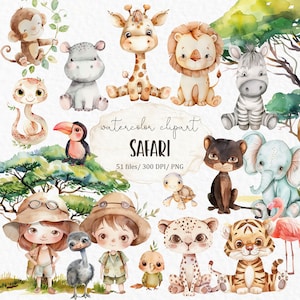 Safari Tiere Clipart - Elefant, Schildkröte, Löwe, Zebra, Tiger, Giraffe, Panda #w6