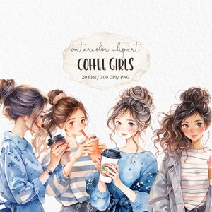 Coffee girl watercolor clipart PNG - kawaii planner sublimation graphics asian fashion woman with coffee planner stickers anime #c227