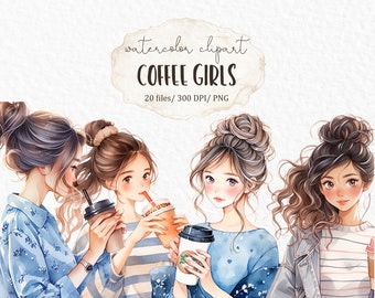 Coffee girl watercolor clipart PNG - kawaii planner sublimation graphics asian fashion woman with coffee planner stickers anime #c227