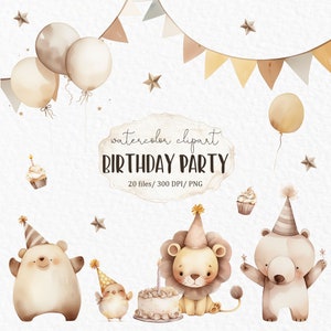 Erster Geburtstag Aquarell Clipart - Baby Tiere Geburtstagskarte Kinderparty Partytiere #w41