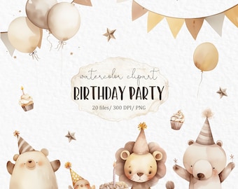 First birthday watercolor clipart - baby animals birthday card kids party party animals #w41