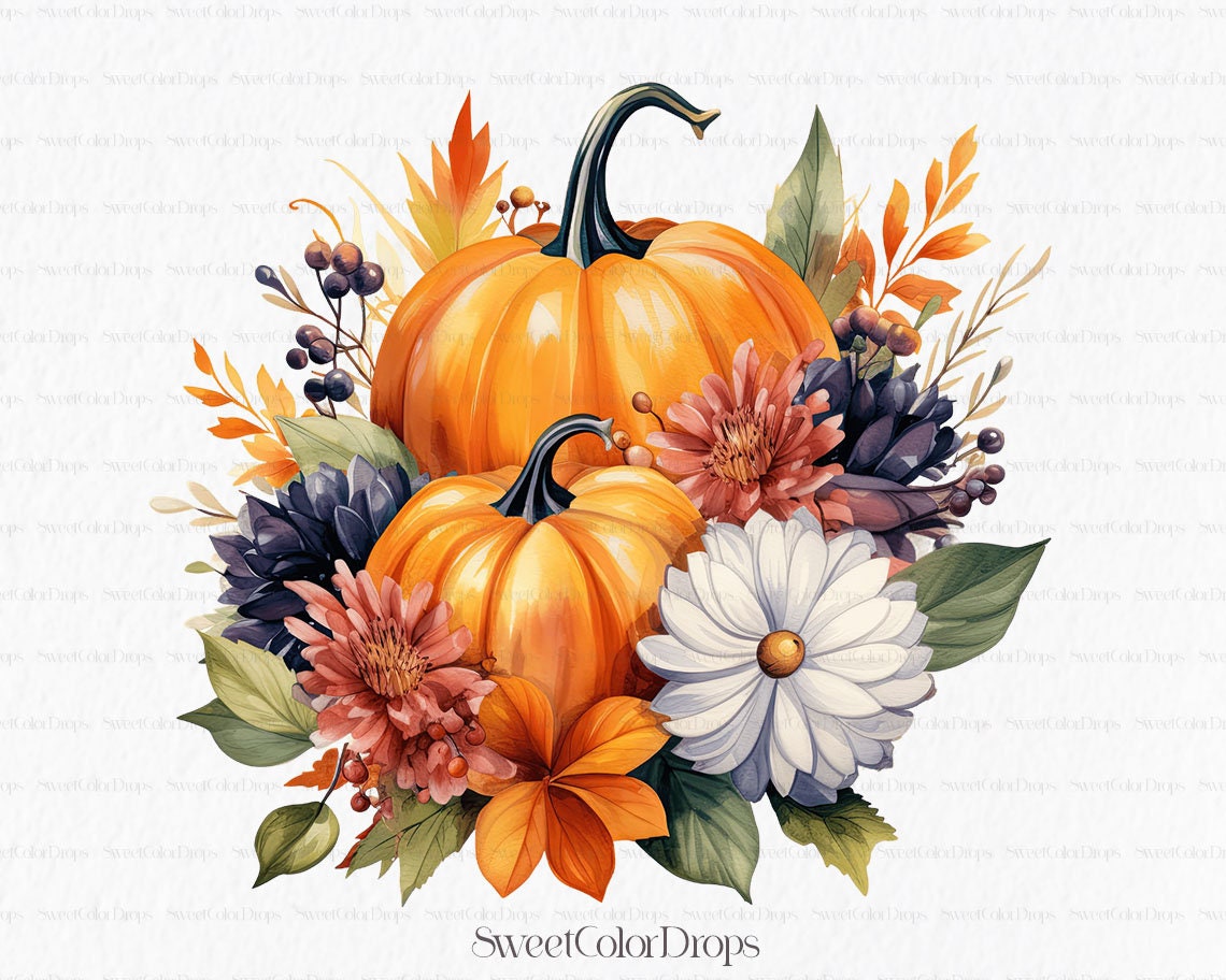 Floral Pumpkin Watercolor Clipart PNG - Autumn Thanksgiving Fall Orange ...