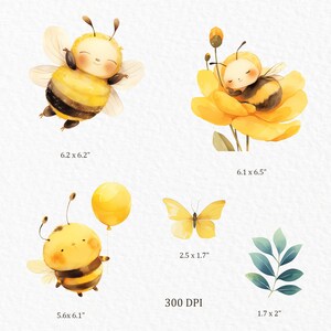 K&ouml;nnte beinhalten: Vier Aquarell-Illustrationen von Bienen, einem Schmetterling und einem Blattzweig. Die Bienen sind gelb und schwarz mit s&uuml;&szlig;en Gesichtern. Eine Biene h&auml;lt einen gelben Ballon. Eine andere Biene schl&auml;ft auf einer gelben Blume. Der Schmetterling ist gelb und hat seine Fl&uuml;gel ausgebreitet. Der Blattzweig ist gr&uuml;n und hat mehrere Bl&auml;tter.