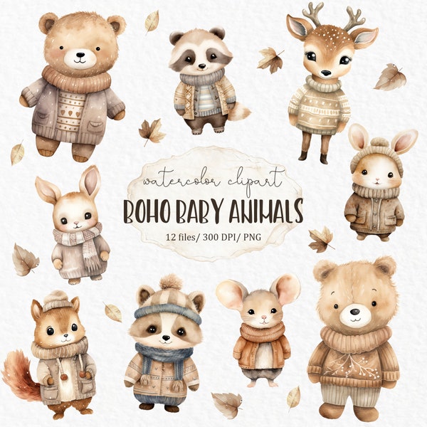 Boho baby animals  watercolor clipart PNG - nursery wall art squirrel bear forest animals cute autumn cozy baby animals mouse rabbit #c390