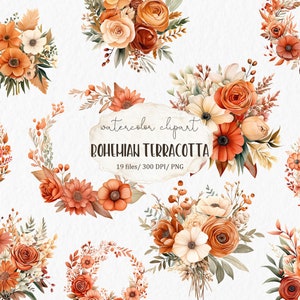 Aquarelle de fleurs bohème en terre cuite clipart PNG - bouquet boho fleurs fleurs orange automne couronne premade clipart #c393
