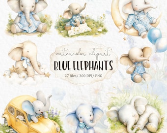 Blue Elephants Baby Clipart PNG, Watercolor Baby Elephant Illustrations, Baby Shower Boy Nursery, Moon Balloon Birthday Invitation #w8