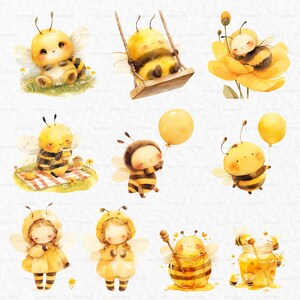 K&ouml;nnte beinhalten: Ein Set aus zehn Aquarell-Illustrationen mit niedlichen Cartoon-Bienen in verschiedenen Posen. Die Bienen sind in Gelb und Schwarz dargestellt mit gro&szlig;en, ausdrucksstarken Augen. Einige Bienen halten Gegenst&auml;nde wie Ballons, Tassen Kaffee und Honiggl&auml;ser. Andere schwingen auf einer Schaukel, sitzen auf einer Blume oder tragen ein Bienenkost&uuml;m.