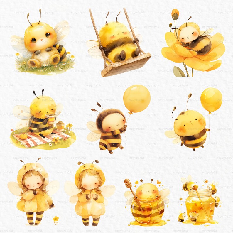 K&ouml;nnte beinhalten: Ein Set aus zehn Aquarell-Illustrationen mit niedlichen Cartoon-Bienen in verschiedenen Posen. Die Bienen sind in Gelb und Schwarz dargestellt mit gro&szlig;en, ausdrucksstarken Augen. Einige Bienen halten Gegenst&auml;nde wie Ballons, Tassen Kaffee und Honiggl&auml;ser. Andere schwingen auf einer Schaukel, sitzen auf einer Blume oder tragen ein Bienenkost&uuml;m.