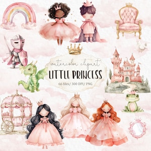 Roze baby prinses clipart - kasteel draak fantasie kinderen magische koninkrijk koninklijke eenhoorn aquarel clipart #w15