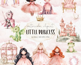 Pink baby princess clipart - castle dragon fantasy kids magical kingdom royal unicorn watercolor clipart #w15
