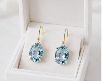 Oval Blue Topaz Drop Earrings, Gold Dangle Gemstone, Minimalist Bridal Jewelry (December Birthstone)