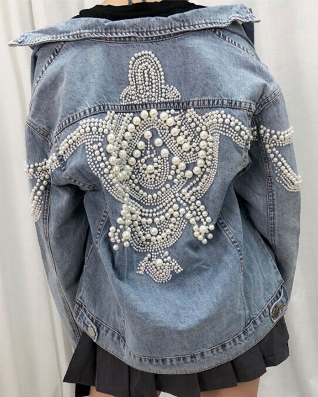 Denim Pearls Embellished Jacket for Woman Relaxed Jean Jacket Etsy