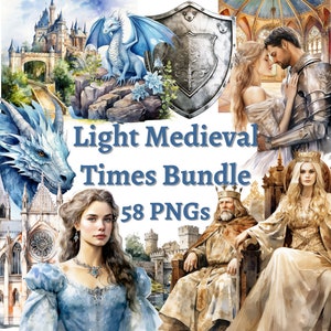 Watercolor Light Medieval Times Bundle Clipart Castle and Fantasy Clipart Bundle 64 PNGs commercial use, Junk Journal