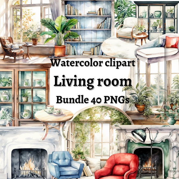 Living room bundle watercolor clipart, mix of living room furniture and decorations clipart, 40 PNG images commercial use, Junk Journal