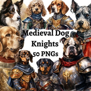 Aquarelle Dogs Knights clipart fun dog clipart Chevaliers médiévaux chiens 50 PNGS de 20 races de chiens différentes clipart,