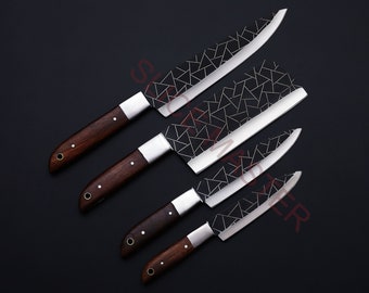 Custom Handmade Chef Set-Kitchen Knife Set of 4 Pieces-Hand Forged Knife Set with Leather Cover-Best Birthday And Anniversary Gift