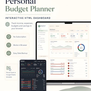 Op de afbeelding: Een digitale persoonlijke budgetplanner weergegeven op een laptopscherm en een kleiner tabletscherm. De interface toont financiële dashboards met inkomsten-, uitgaven- en spaargegevens in zowel lichte als donkere modus. De tekst bevat Personal Budget Planner, Interactive HTML Dashboard, No Subscription, Works in Browser, Easy Data Backup en FlowDesk Digital.