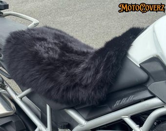 Black Dual Sport Sheepskin Motorcycle Seat Cover Comfort Seats Protector with Straps Motorbike Adventure Tours Touring Accessories