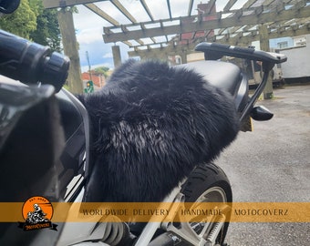 Motorcycle Motorbike Square Sheepskin Pad Seat Cover Black Single Rider with Security Straps Premium Quality MotoCoverz Accessories