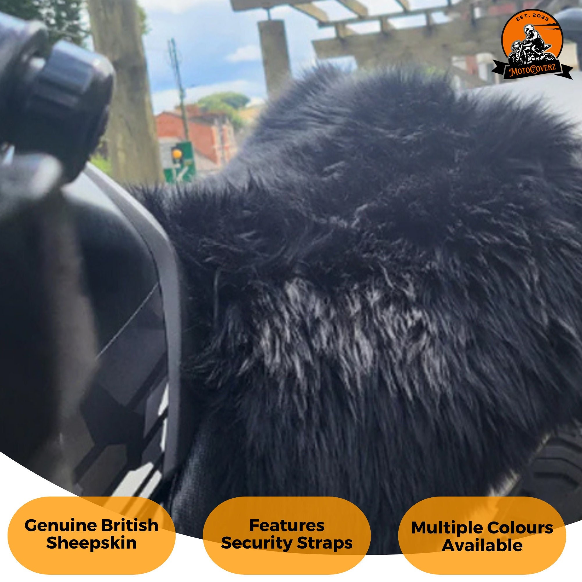 Motorcycle Motorbike Square Sheepskin Pad Seat Cover Black Single Rider with Security Straps Premium Quality MotoCoverz Accessories