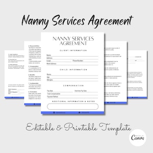 Nanny Service Contract, Nanny Service Agreement, Nanny Contract Form, Nanny Babysitter Form, Editable Contract Template