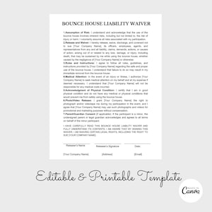 Bounce House Liability Waiver. Business Waiver Form, Party Rental Waiver, Bounce House Liability Form, Canva Template