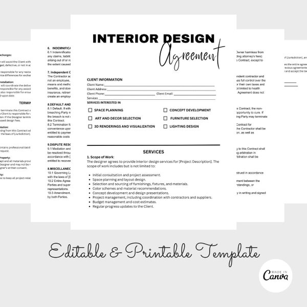 Interior Design Contract Template, Interior Designer Service Agreement, Interior Decorator Contract Agreement