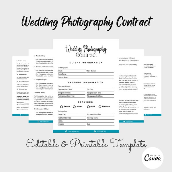 Wedding Photography Contract Template, Photography Form, Editable Canva Contract, Wedding Photography Agreement, Contract For Photographers