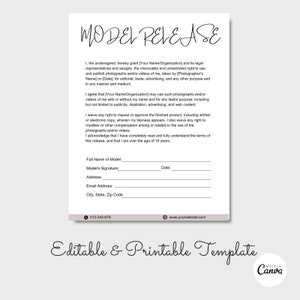 May include: A printable model release form with fields for the model's name, signature, address, email address, city, state, postcode, and date. The form includes a legal agreement for the use of photographs and videos of the model.