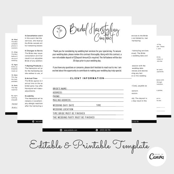 Bridal Hairstylist Contract, Freelance Bridal Hairstylist Contract, Wedding Bridal Hairstylist Contract Agreement, Hairstylist Form Bundle