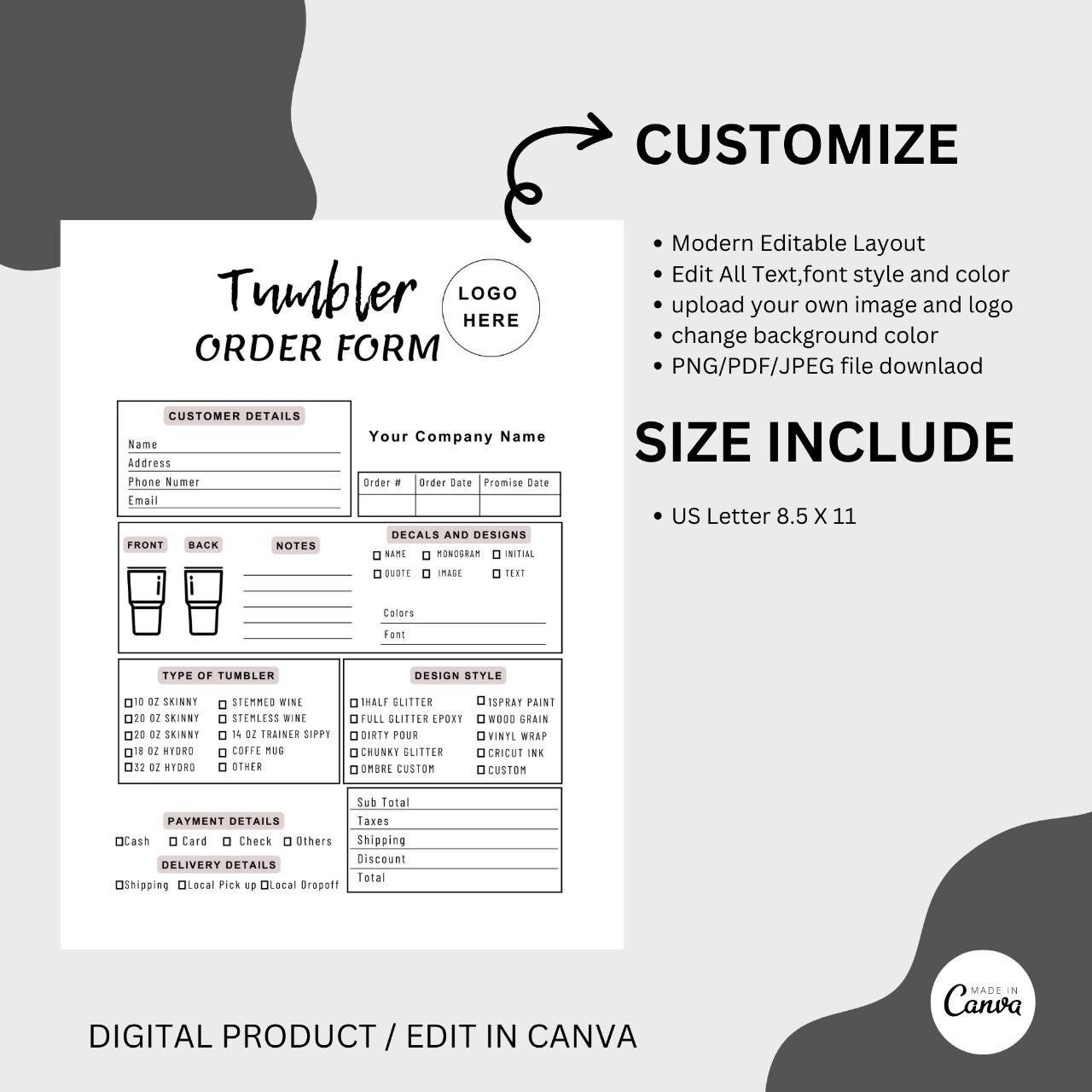 Tumbler Order Form Template, Tumbler Order Form Printable, Editable ...