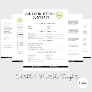 Contrato de artista de globos editable, contrato de decoración de globos, contrato de estilista de globos, formulario de pedido de Canva, contrato de artista de globos
