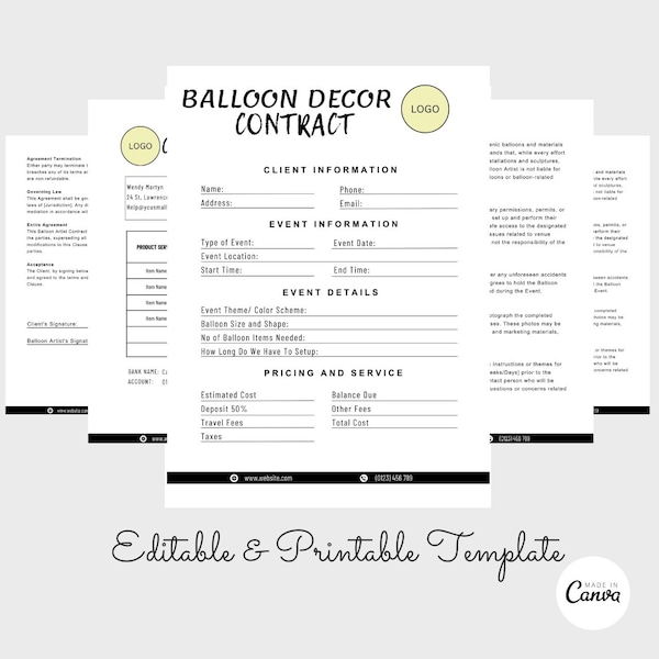 Editable Balloon Artist Contract, Balloon Decor Contract, Balloon Stylist Agreement, Canva Order Form, Balloon Artist Agreement