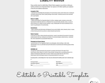 General Liability Waiver Template, Liability Form Agreement, Liability Waiver Release Form, Indemnification, Assumption Of Risk