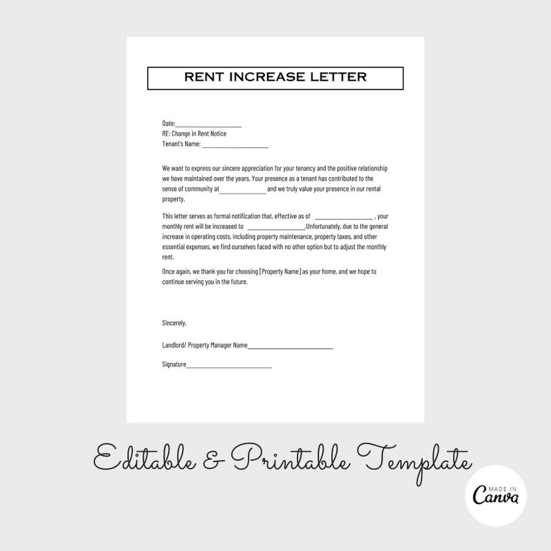 Editable Rent Increase Notice, Rent Increase Form, Tennant Notice, Rent Increase Letter ...