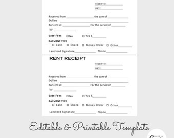 May include: A printable rent receipt template with fields for the date, landlord signature, phone number, and payment type. The template includes sections for the amount of rent, late fees, and the period of time the rent covers.